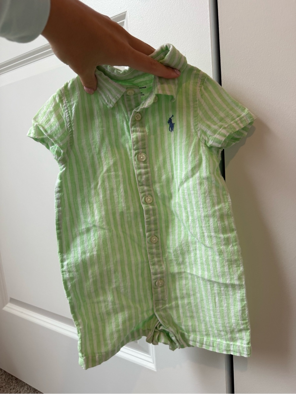 Ralph Lauren Light Green and White Striped Button-Front Baby Romper